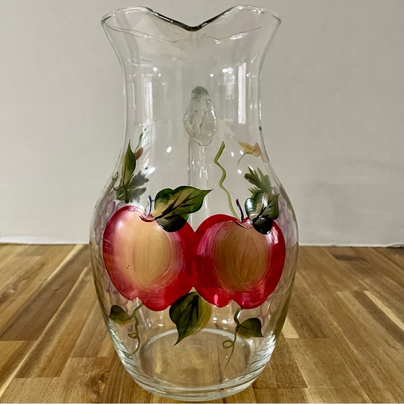 Hand Painted Fruit Clear Glass Pitcher Carafe Grapes Apples Elegant Farmhouse - Picture 6 of 12